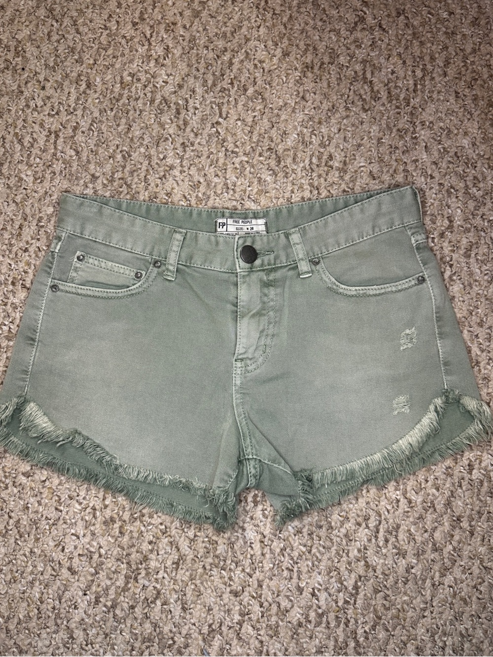 FREE PEOPLE Denim - Casual Frayed Hem Olive Green Denim Shorts W 26